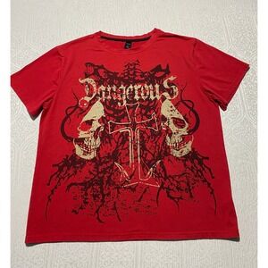 ROMWE Mens Large Red Dangerous Grunge Punk Skull Cross Graphic T-Shirt Edgy Tee